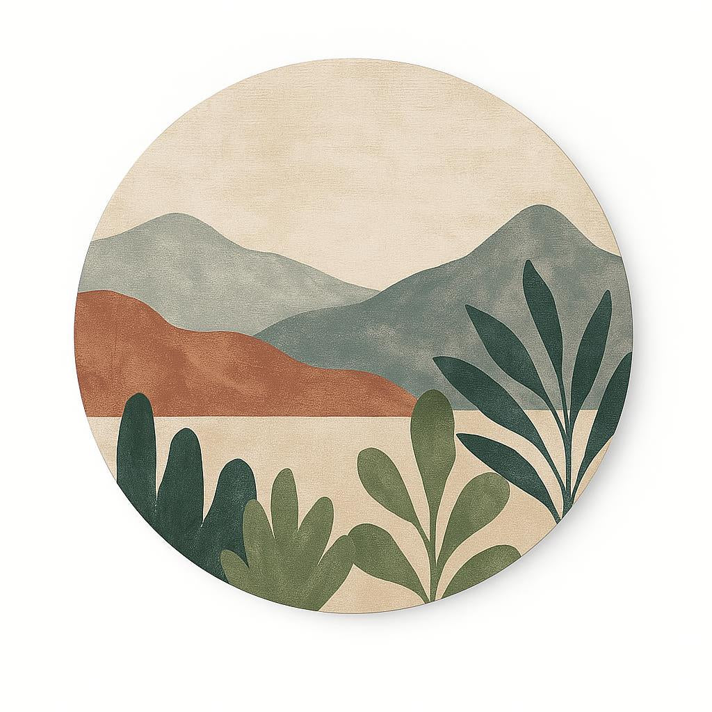 Akoestische muurcirkel met een eigen print van een landschap met bergen en planten