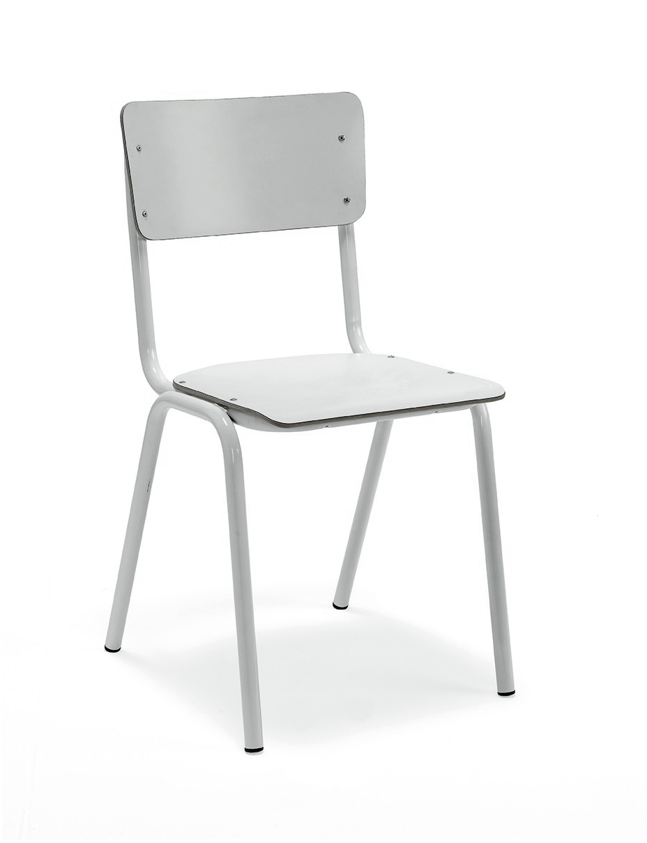 Kantinestoel MX HPL in wit, met zit- en rugschaal met zichtbare klinknagels op een wit metalen frame