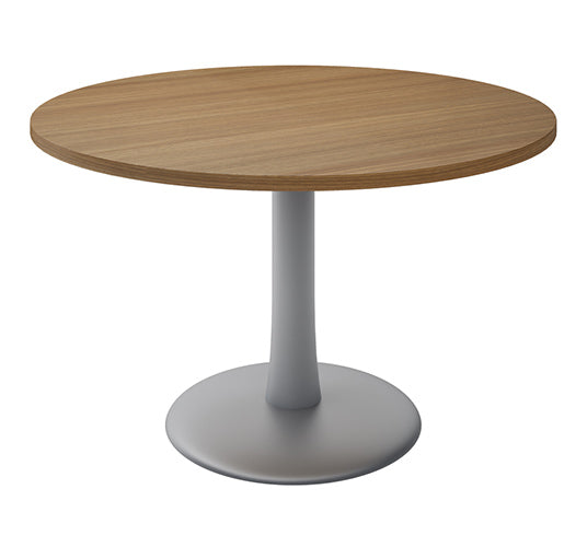 Q4 ronde vergadertafel met blad in notenhoutkleur op een grijze trompetpoot met ronde voet