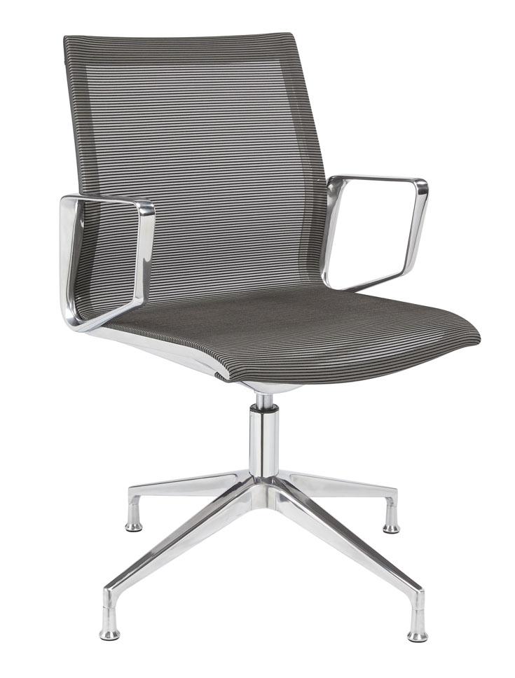 Vergaderstoel Roxx met grijze mesh zitting en rug, armleggers en aluminium kruisvoet met glijders