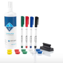 Whiteboardset met fles reinigingsspray, vier stiften in groen, rood, blauw en zwart, magneten en een wisser
