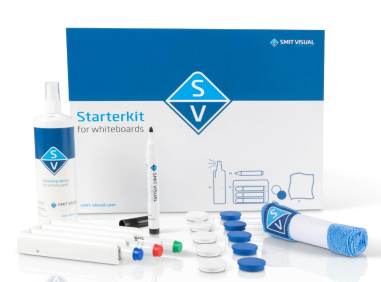 Startersset voor whiteboard met reinigingsspray, vier markers, ronde magneten, wisser en doek