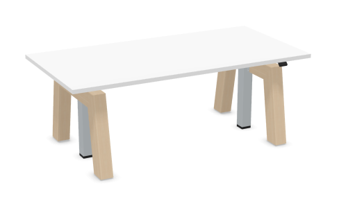 Max Hybrid Single elektrisch bureau met wit blad op houten poten, schuin van voren