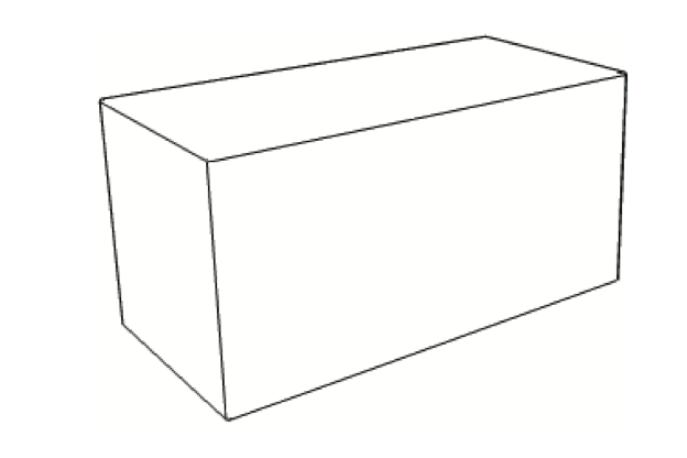 Lijntekening van de langwerpige poef zonder maatvoering, schuin van boven getekend
