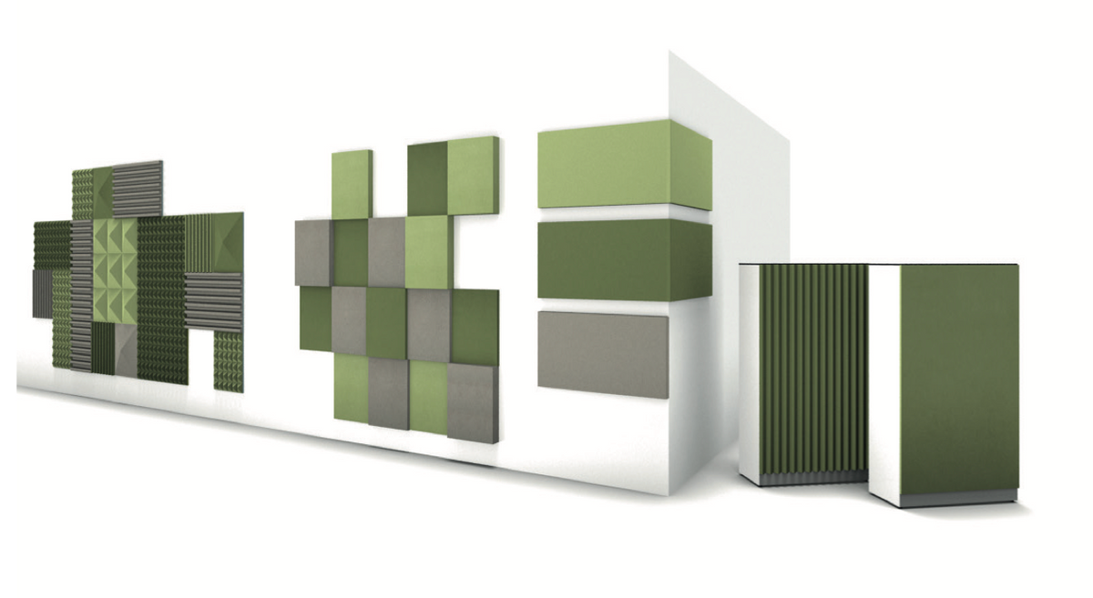 Akoestische wandpanelen in groen- en grijstinten in verschillende maten, plus twee losse staande panelen