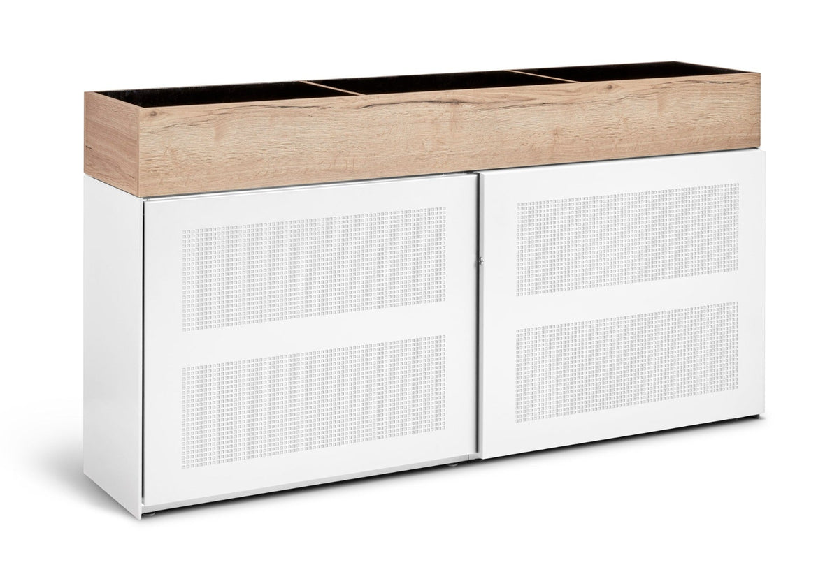 Witte schuifdeurkast Slide & Go met houtkleurige melamine ombouw op het kastblad