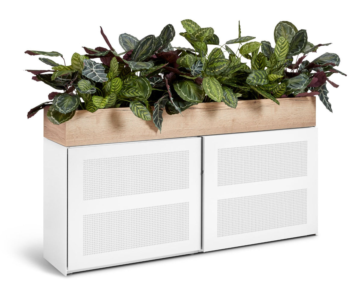 Witte schuifdeurkast Slide & Go met beplante melamine plantenbak op de kast