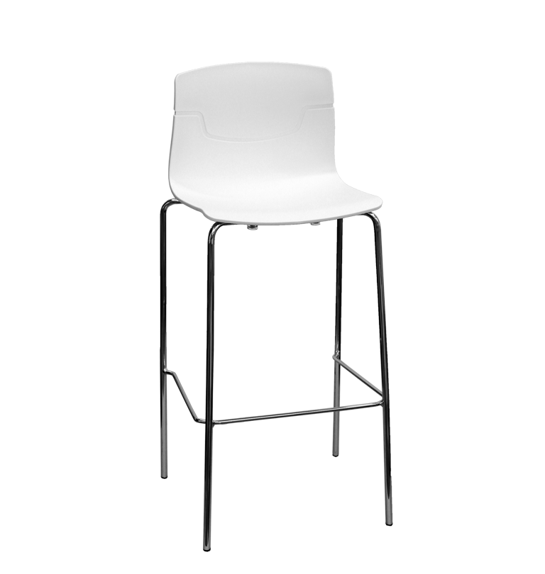 Witte kunststof barkruk met open rugleuning op een chromen frame met voetsteun
