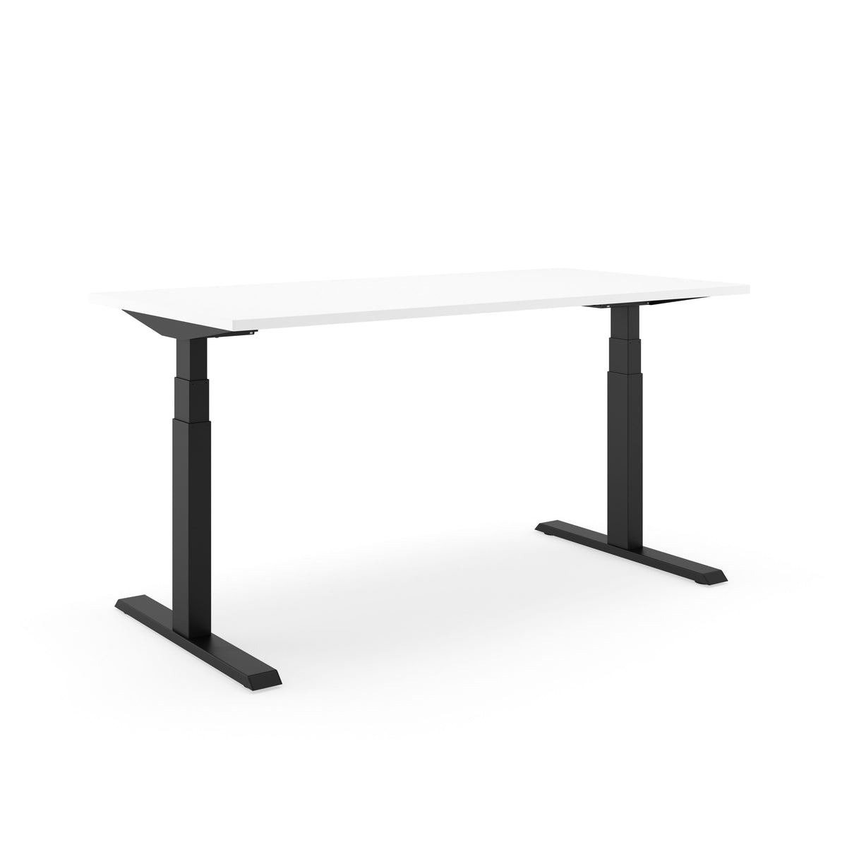 Elektrisch zit-sta bureau SF 670 met wit blad op een zwart T-frame, schuin van voren