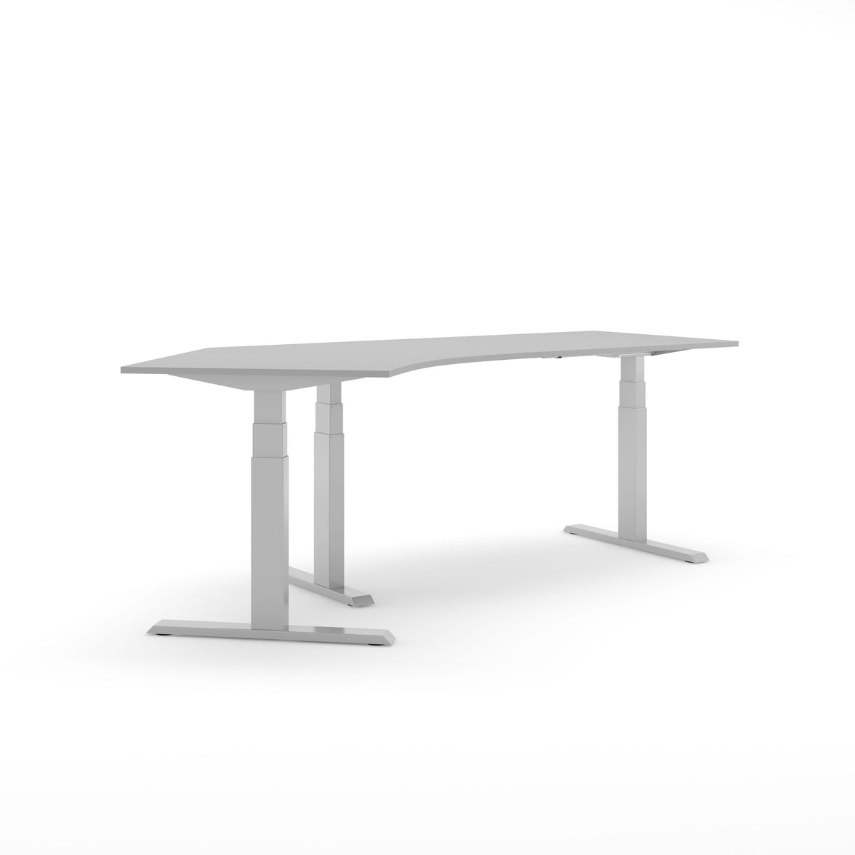 Elektrisch hoekbureau SF 670 135 graden met lichtgrijs blad op een aluminiumkleurig T-frame