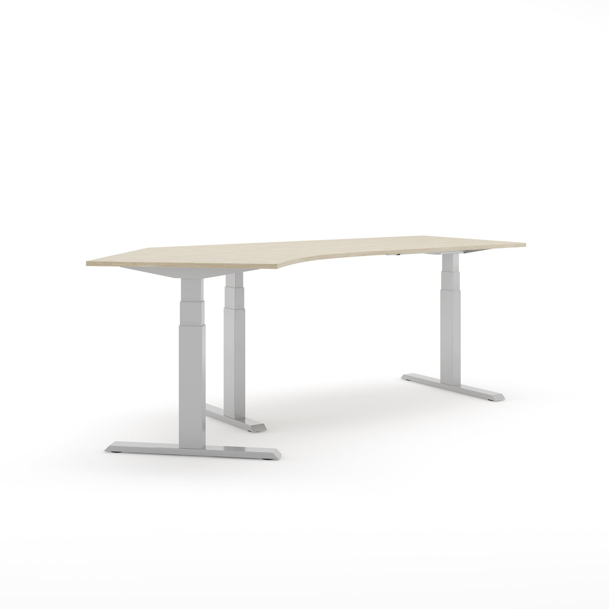 Elektrisch hoekbureau SF 670 met doorlopend blad in licht houtdecor onder een stompe hoek, op witte T-poten