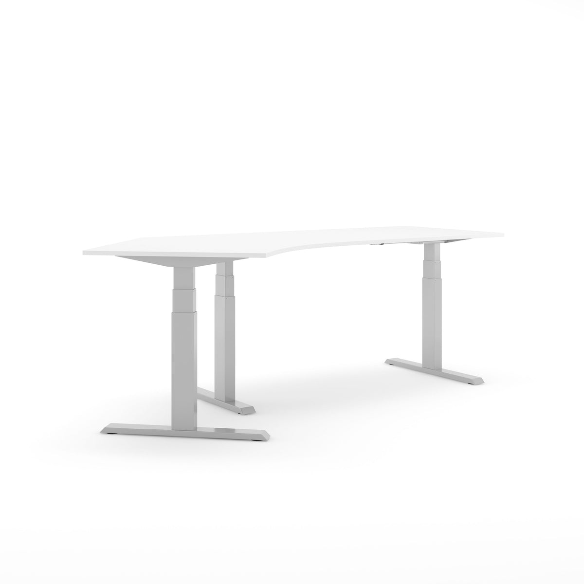 Elektrisch hoekbureau SF 670 135 graden met wit blad op een aluminiumkleurig T-frame
