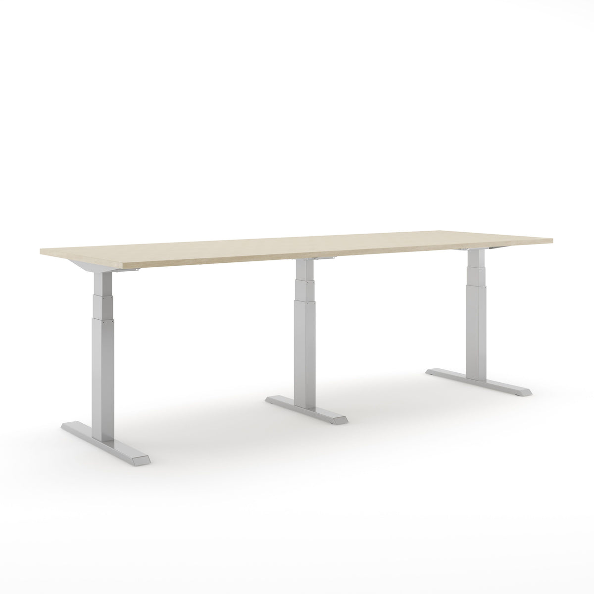 Elektrisch zit-sta bureau SF 670 XL met lang blad in licht eikendecor op drie aluminiumkleurige T-poten