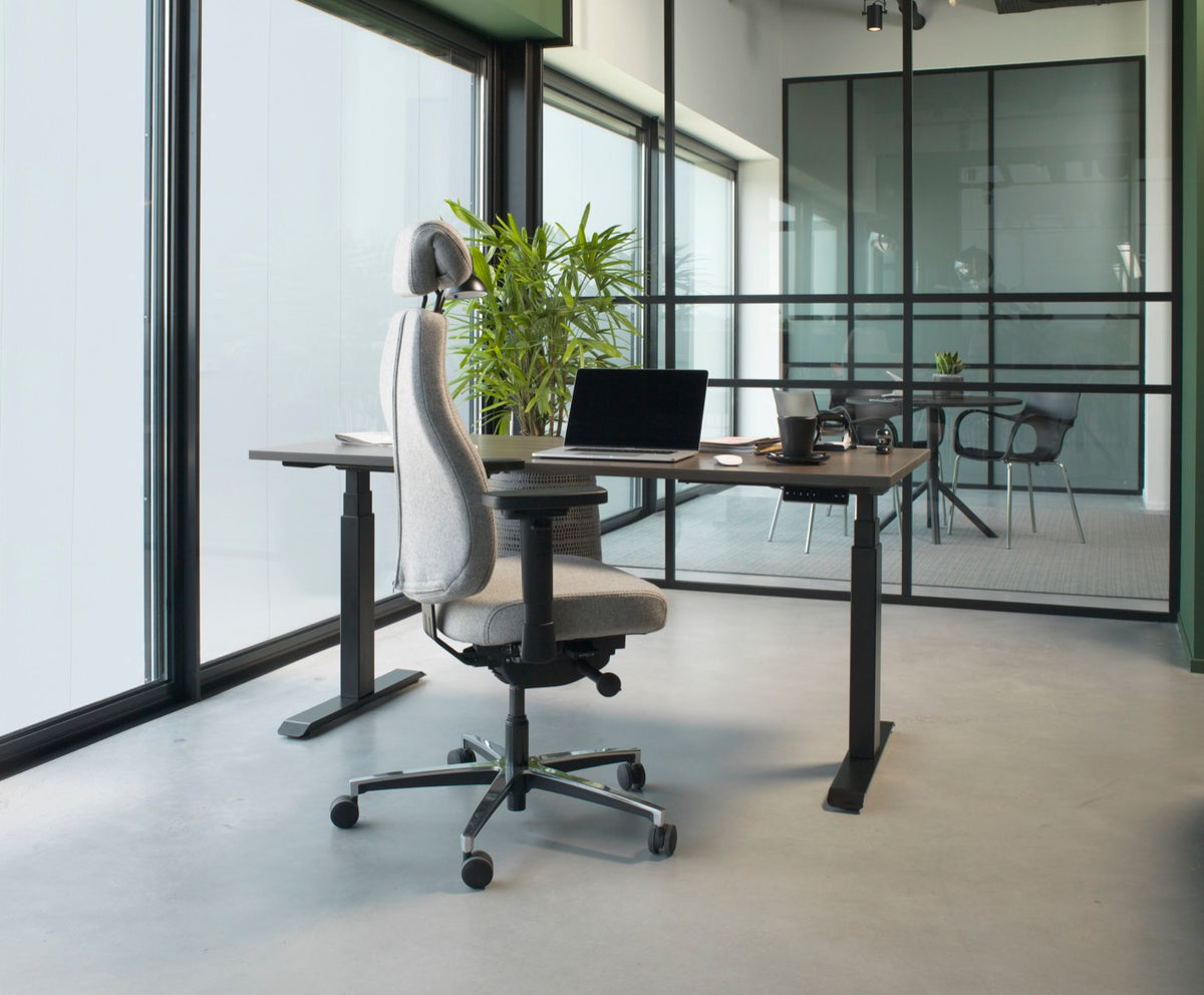 Sfeerbeeld van de stoel aan een zit-sta bureau met laptop, bij een glazen gevel met planten