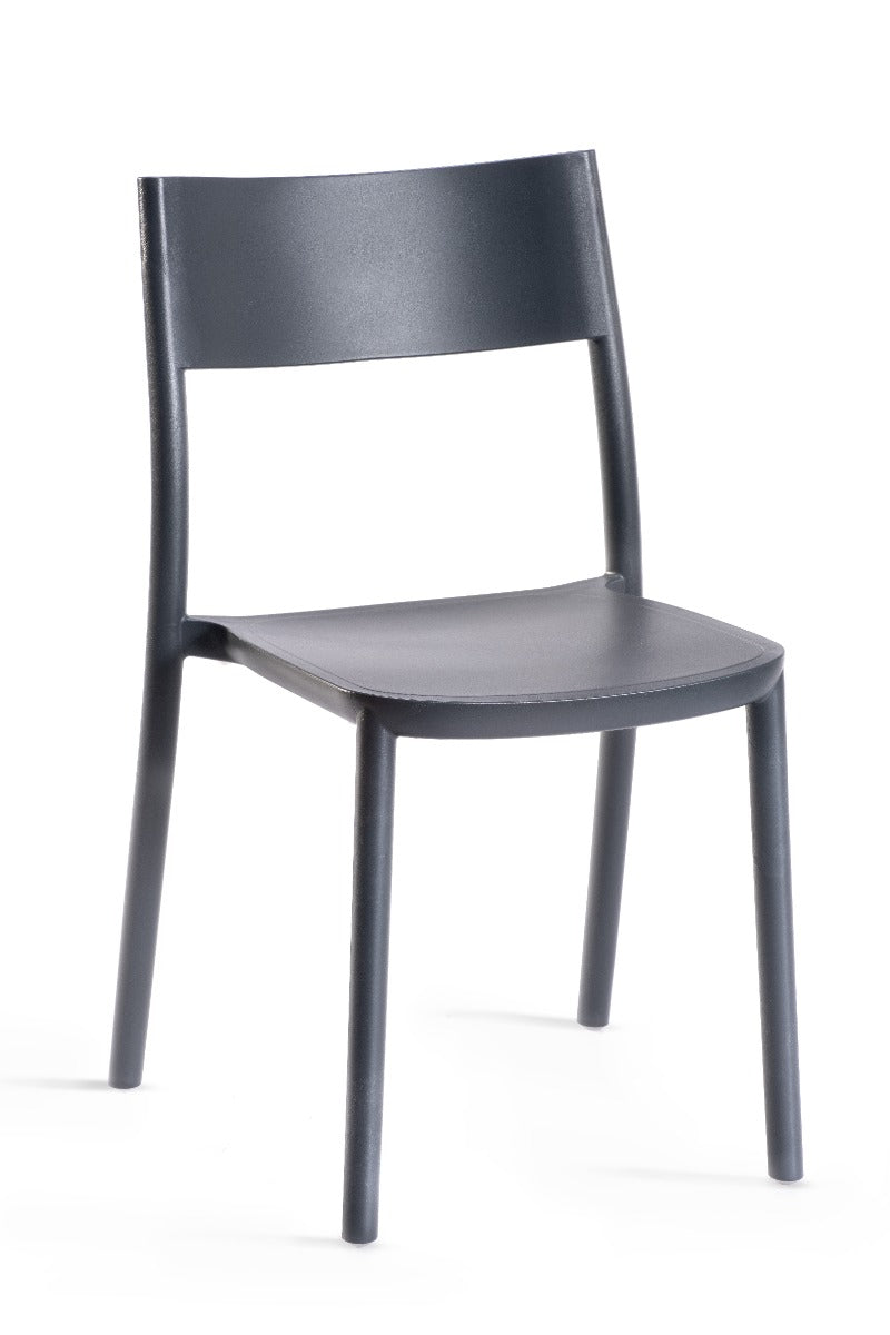Antracietkleurige slanke 4-poots stoel, schuin vooraanzicht