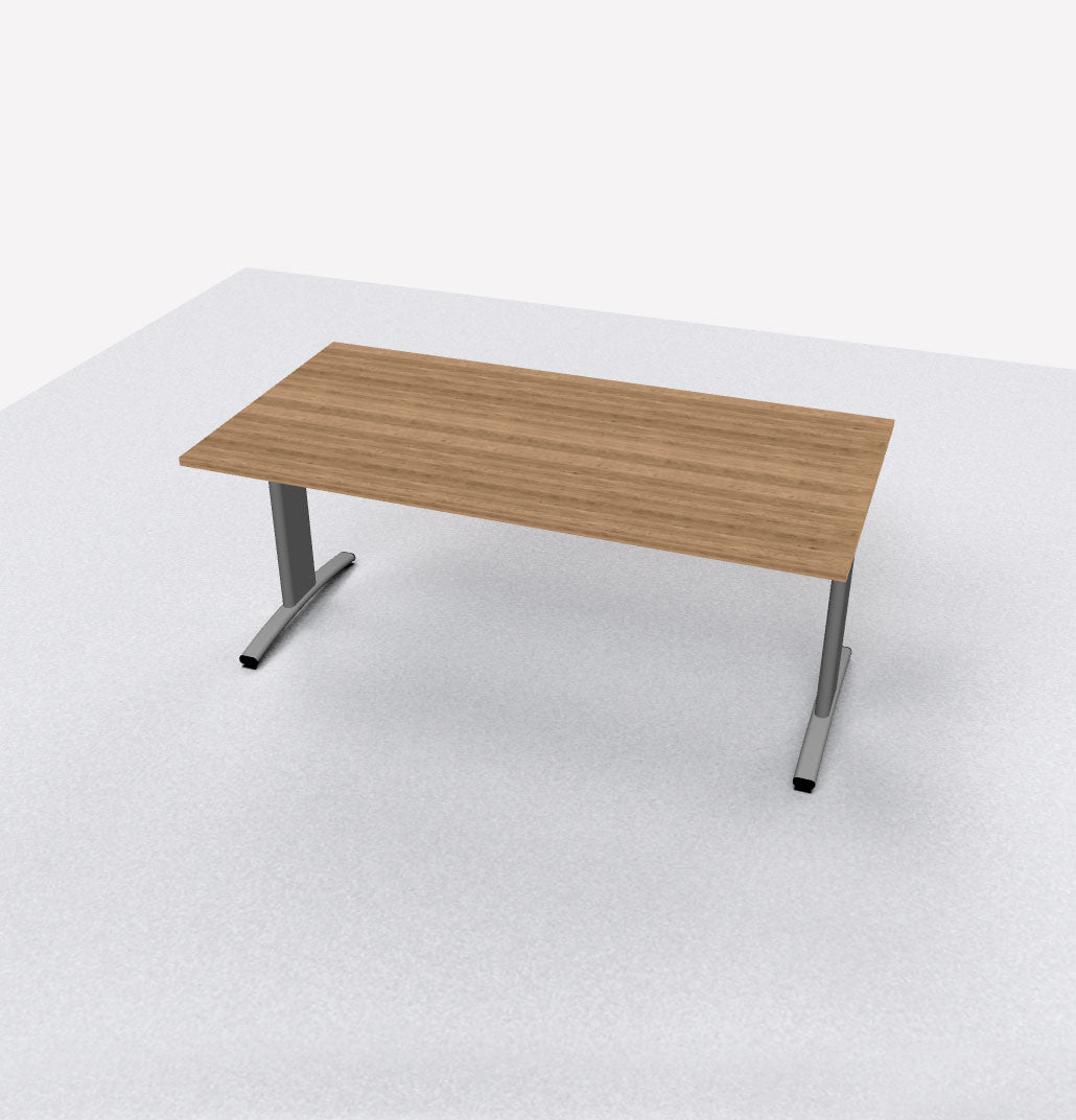 Rechthoekige vergadertafel met notenhouten blad op grijze metalen poten