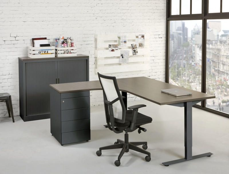 Bureau T-Rex als wing bureau met grijs blad en antraciet kasten